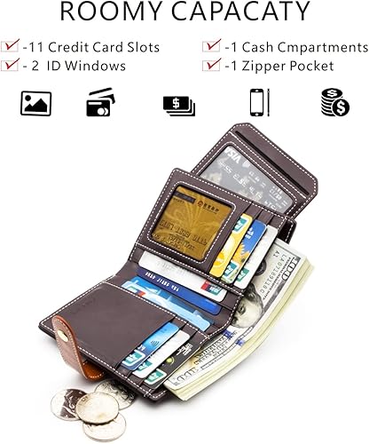 Miniatura 2 de ANDOILT Billeteras para mujer, de piel auténtica, pequeña, plegable, con bloqueo RFID, con bolsillo para monedas, ventana de identificación, Cartera