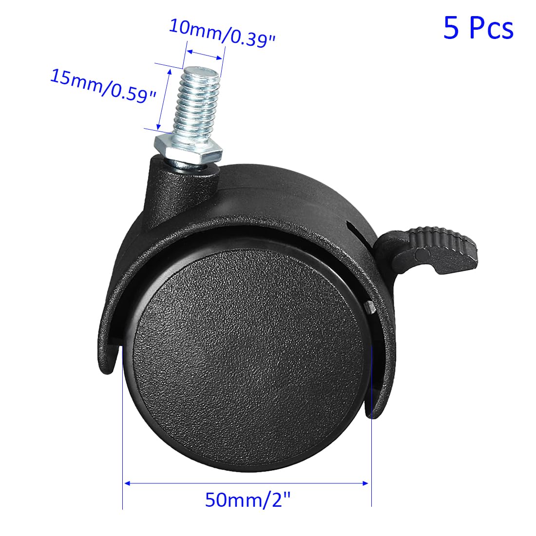 YOKIVE 5 Pcs Nylon Caster, Swivel Wheel Threaded Stem Casters with Brake, Great for Cabinets Shelves Daily Use, (Black, 2-Inch)