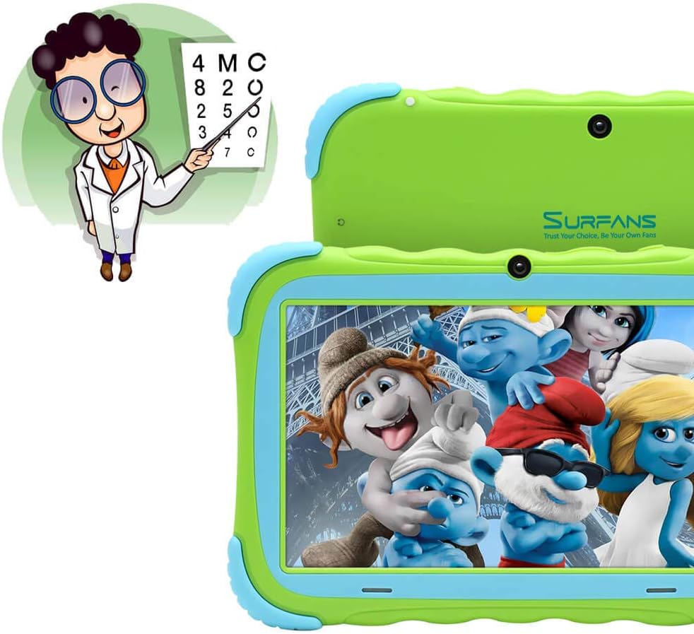 Surfans Kids Tablet, 7 inch IPS Display, iWAWA Pre Installed, 1G + 16GB WiFi Android Tablet, Dual Camera, Bluetooth, Kids-Proof Tablet for Kids (Green)