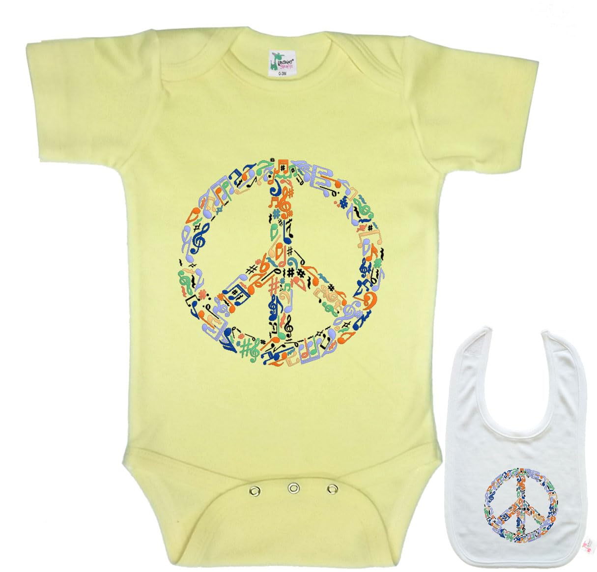 Peace Sign Musical notes -Cute Newborn Baby Bodysuit Gift Outfit Onesie & Bib