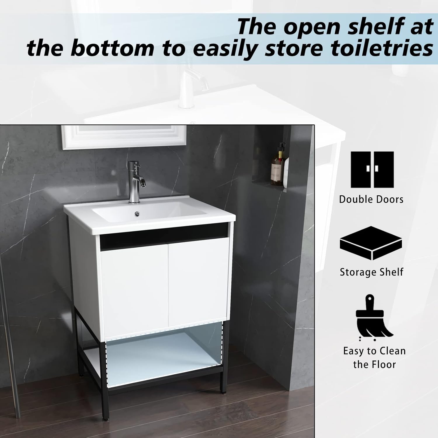 wonline 24” Bathroom Vanity with Ceramic Sink, Bathroom MDF Cabinet with White Wash Basin and Modern Design Chrome Faucet for Small Space