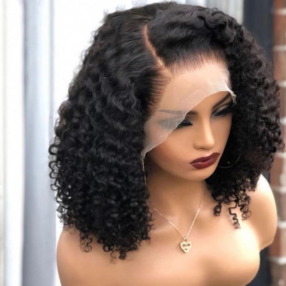 Curly Bob Wig Human Hair 14 Inch Glueless 13×4 Lace Front Wigs Pre Plucked for Black Women 180% Density Mongolian HD Kinky Curly Bob Lace Frontal Wigs Wet and Wave