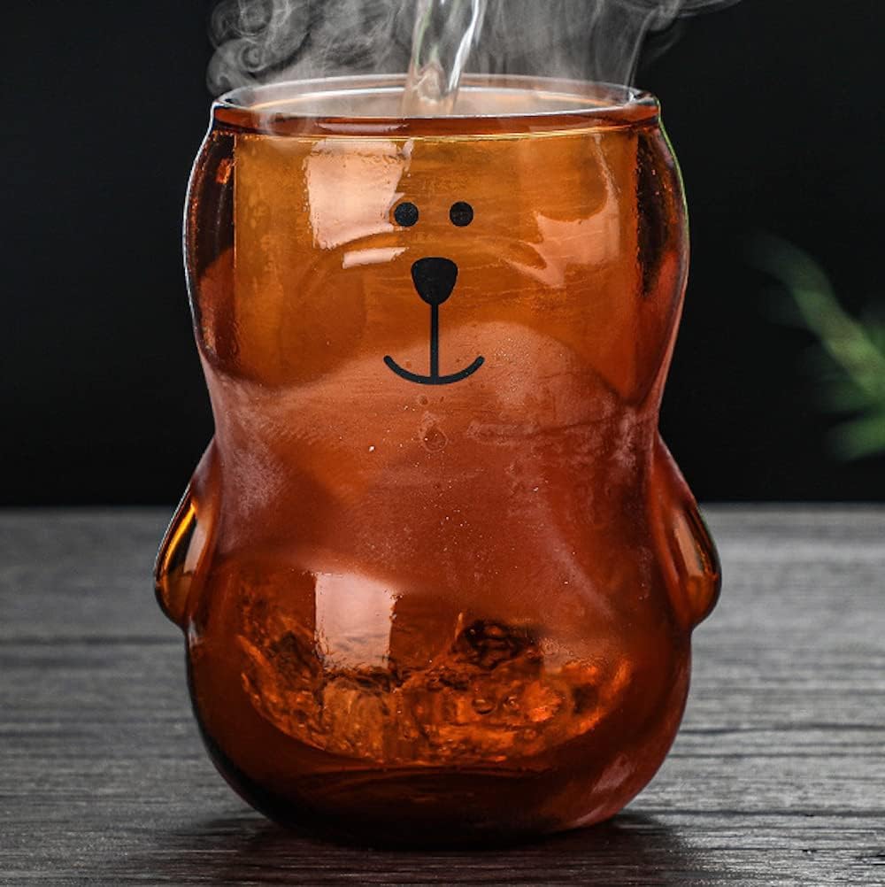 Double Walled Bear Glass Coffee Mug with Lid 14oz Cute Standing Bear Borosilicate Glass Mug for Coffee Tea Milk Beer Insulated Glass Espresso Cup Creative Birthday Gifts for Kids Adults (Amber)