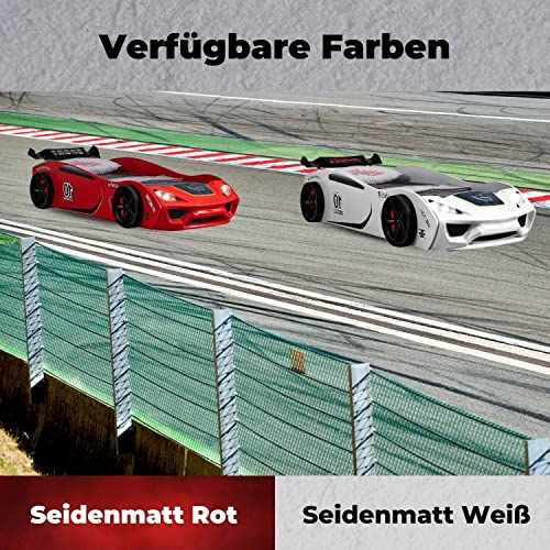Coemo Kinder Autobett Dream Racer Kinderbett 90x200 im Rennwagen Design mit LED Beleuchtung und Lattenrost für Jungen und Mädchen - Betten Farbe Weiß - Rennbett