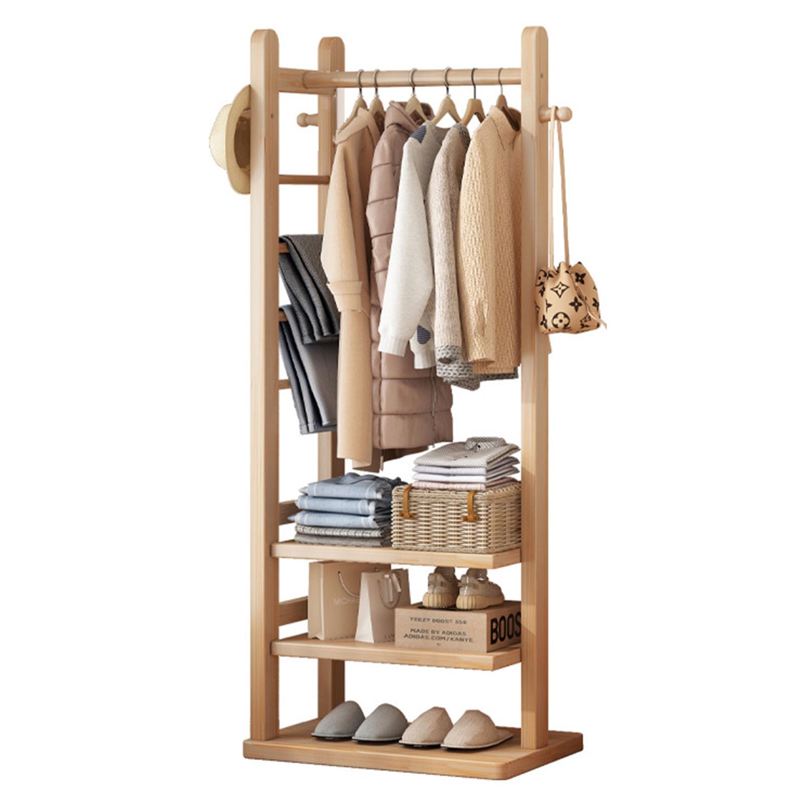 Solid Wood Garment Rack, Freestanding Clothes Rack with 3-Tier Storage Shelves Easy Assemble Space-Saving Clothing Rack for Entryway Bedroom