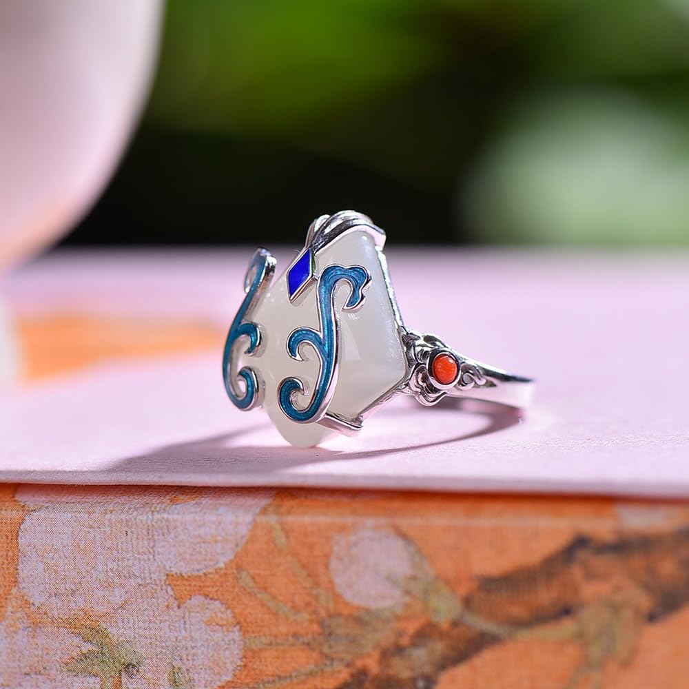 S925 Silver Inlaid Natural White Jade Rhombus Enamel Ring Adjustable Opening Including Certificate
