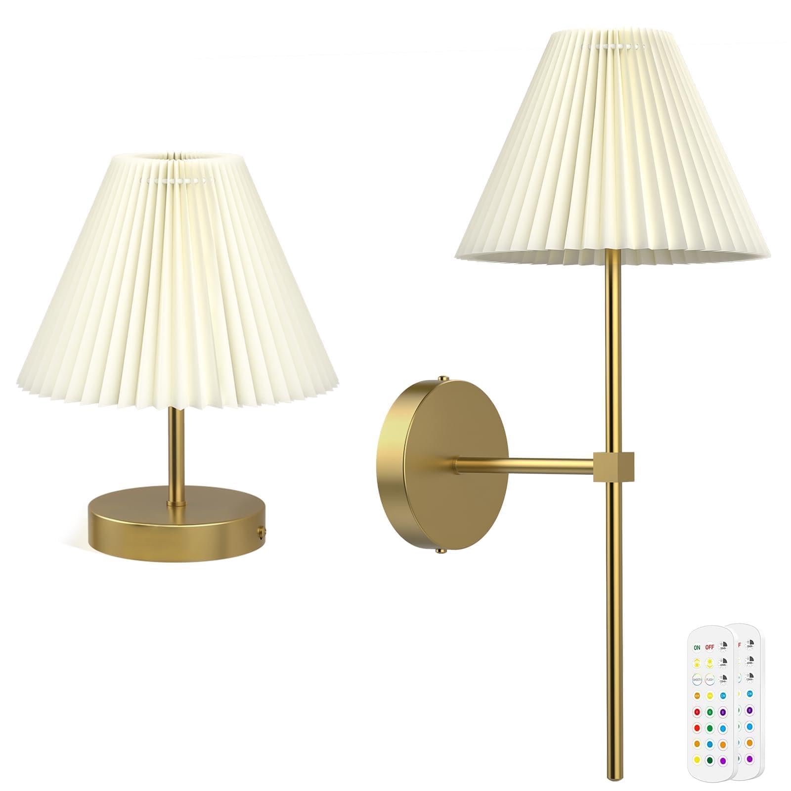 HURYEE Battery Operated Wall Sconces Set of 2,Gold Rechargeable Wall Lights with Remote,3000mAh Dimmable 3 Timer Magnetic Bulbs,Indoor Wireless Lamps for Bedroom Living Room Hallway Bathroom
