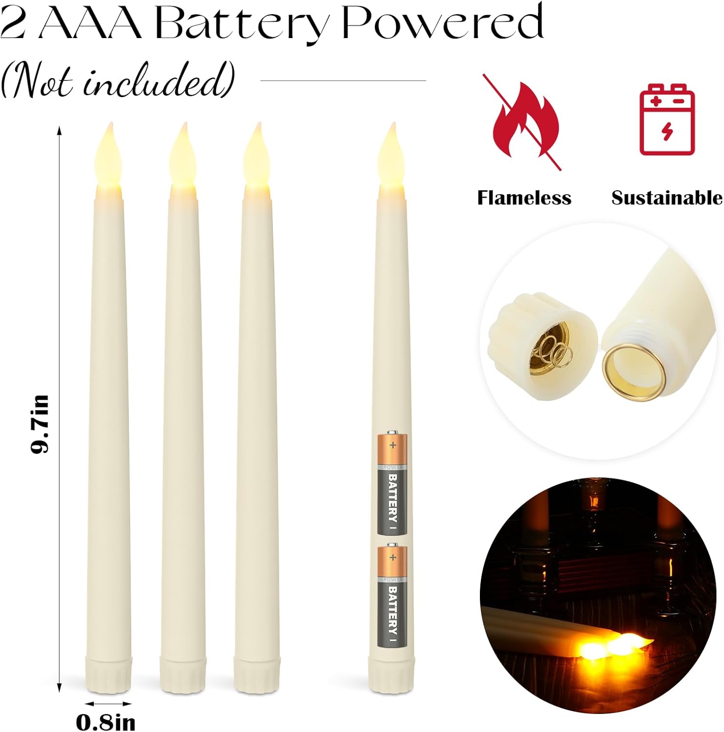 Baquler 100 Pcs 9.7 Inches Flameless Taper Candles Bulk Battery Operated Taper Candles Ivory LED Candlesticks Flickering for Christmas Wedding Home Decor
