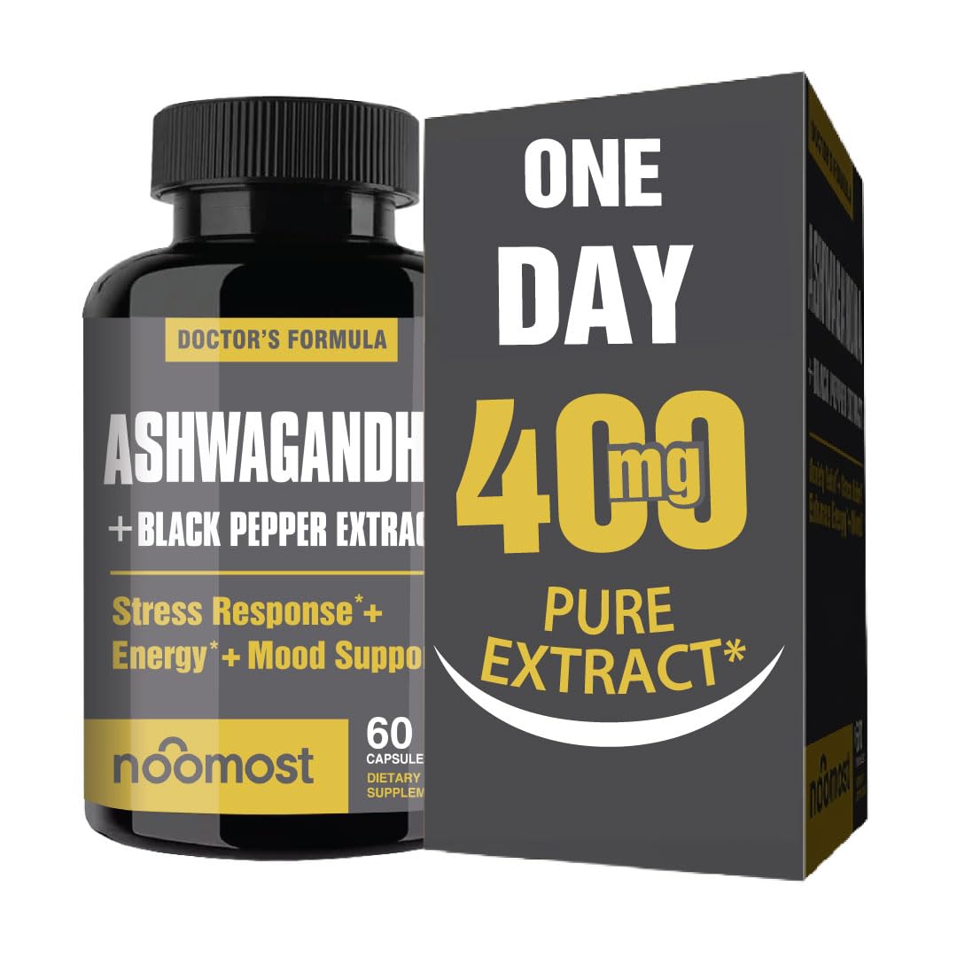NooMost Ashwagandha Root Extract 15:1 with Black Pepper for Better Absorption - 60 Capsules - Stress naturel, énergie, focus et soutien du sommeil - Supplément adaptogène pour hommes et femmes - Fabriqué aux États-Unis