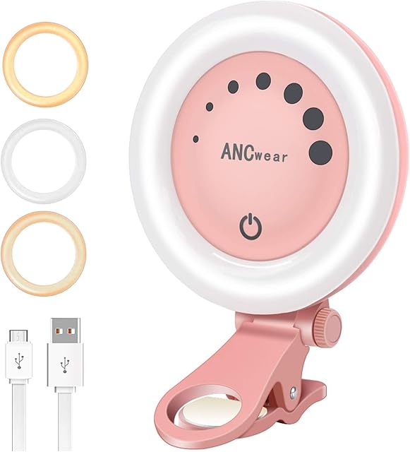 Selfie Ring Light for Phone Iphone laptop, ANCwear Mini Clip On and Portable Light for Photography, Makeup, YouTube, Tiktok; 21 Light Mode 60 Led Beads 500mhA Rechargeable Battery Powered