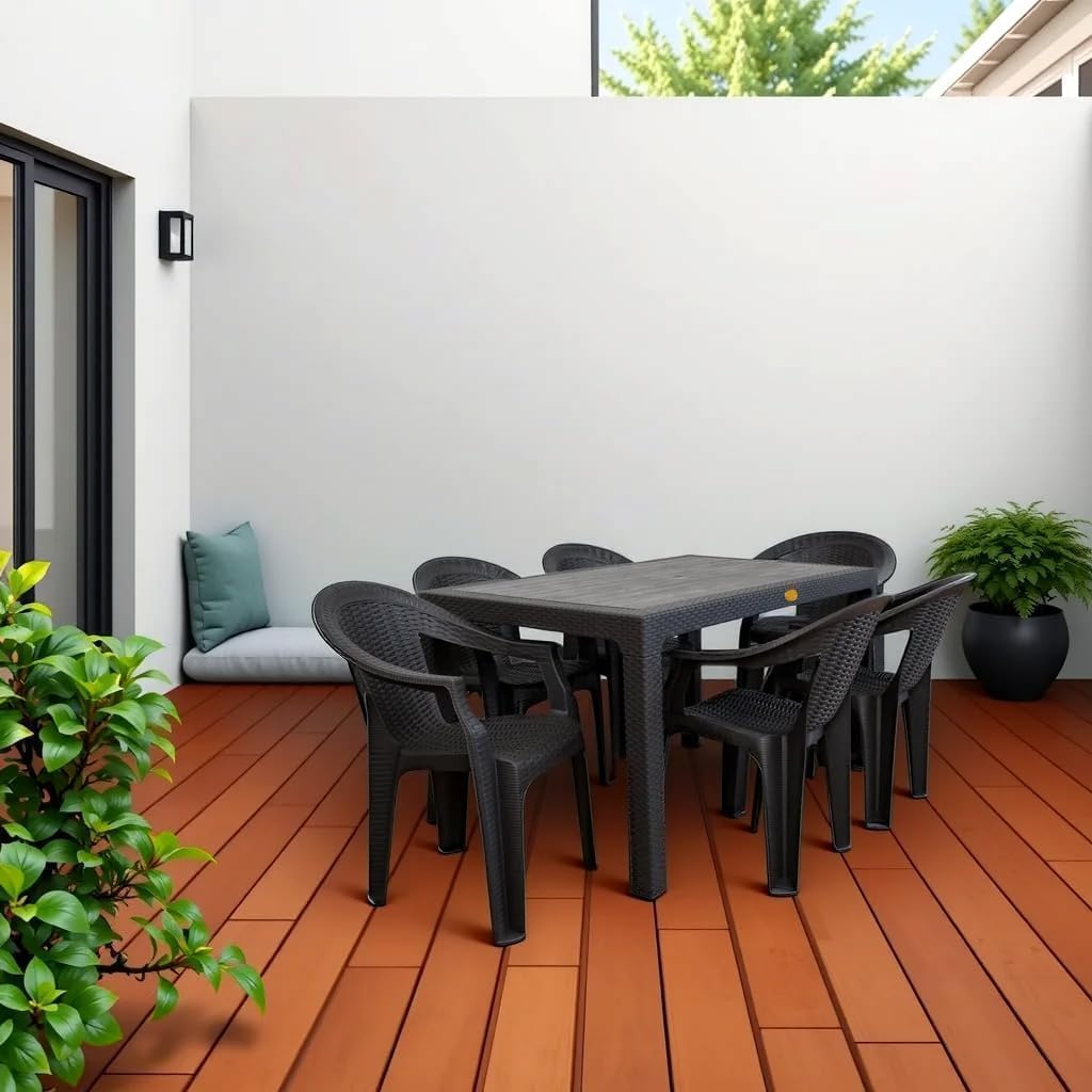 Rattan Sintetico Set Tavolo e Sedie da Giardino 6 Sedie con Braccioli Tavolo 150x90 cm Marrone Wengè