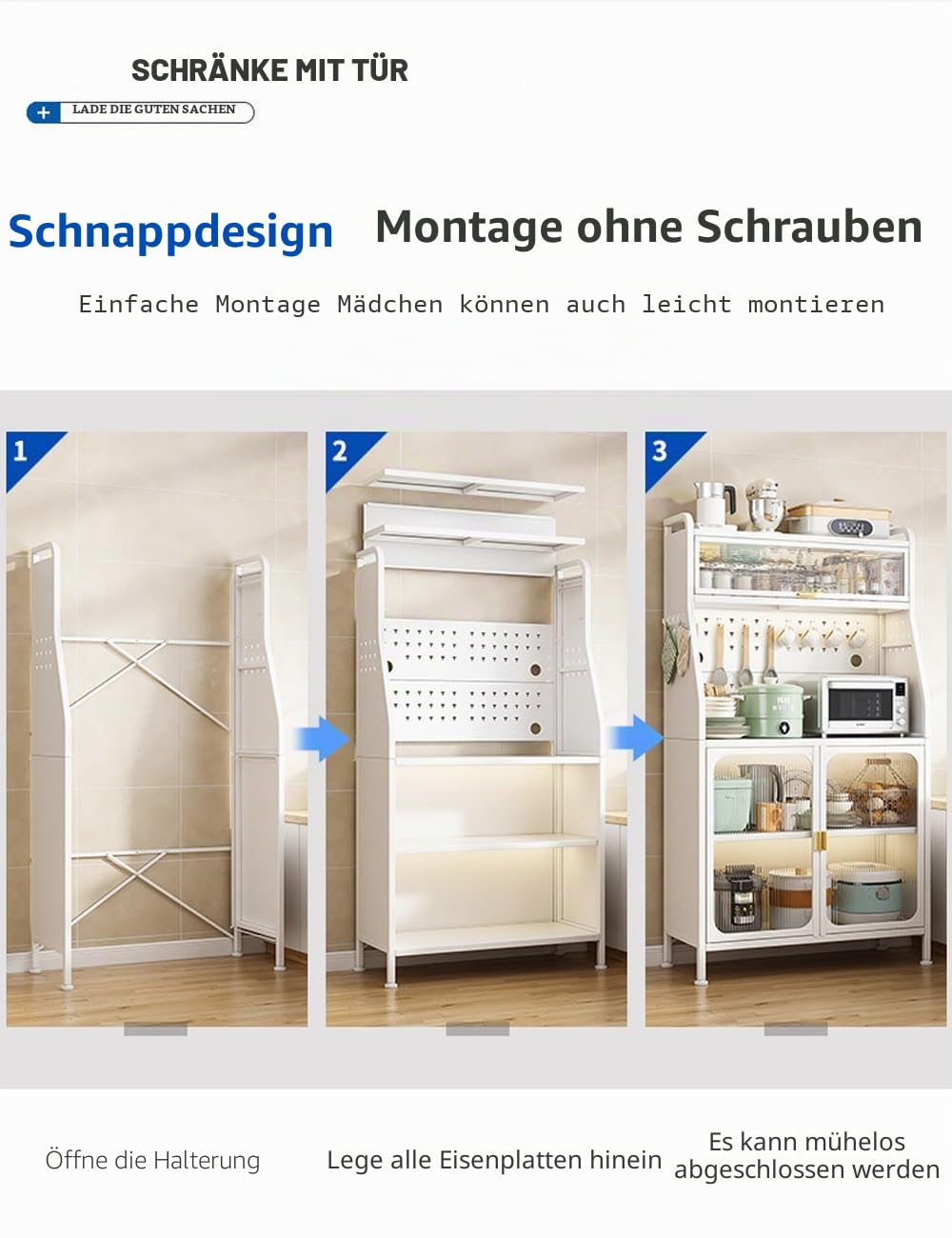Küchenschrank, Buffetschrank Küchenschränke, 5-stufiges Vorratsschrank,Mikrowellenschrank mit Close-Funktion,erstellbare Einlegeböden und Kabelloch mit Sichtbare Türen Schwarz (66x36x164cm)