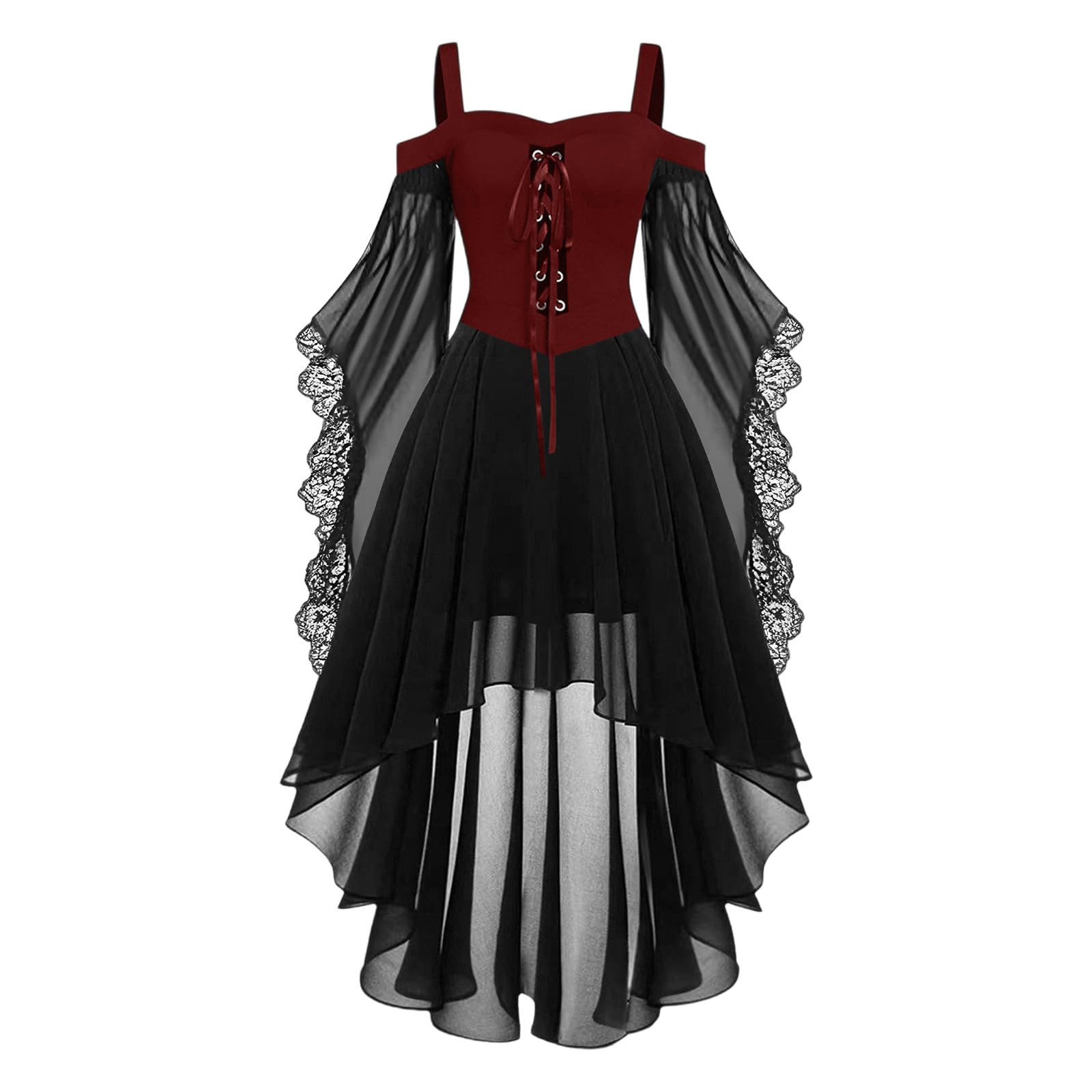 HAOLEI Medieval Costume Women, Halloween Dresses Vintage Lace Renaissance Victorian Dress Cold Shoulder Butterfly Sleeve Retro Steampunk Rockabilly Goth 80s Dress Ladies