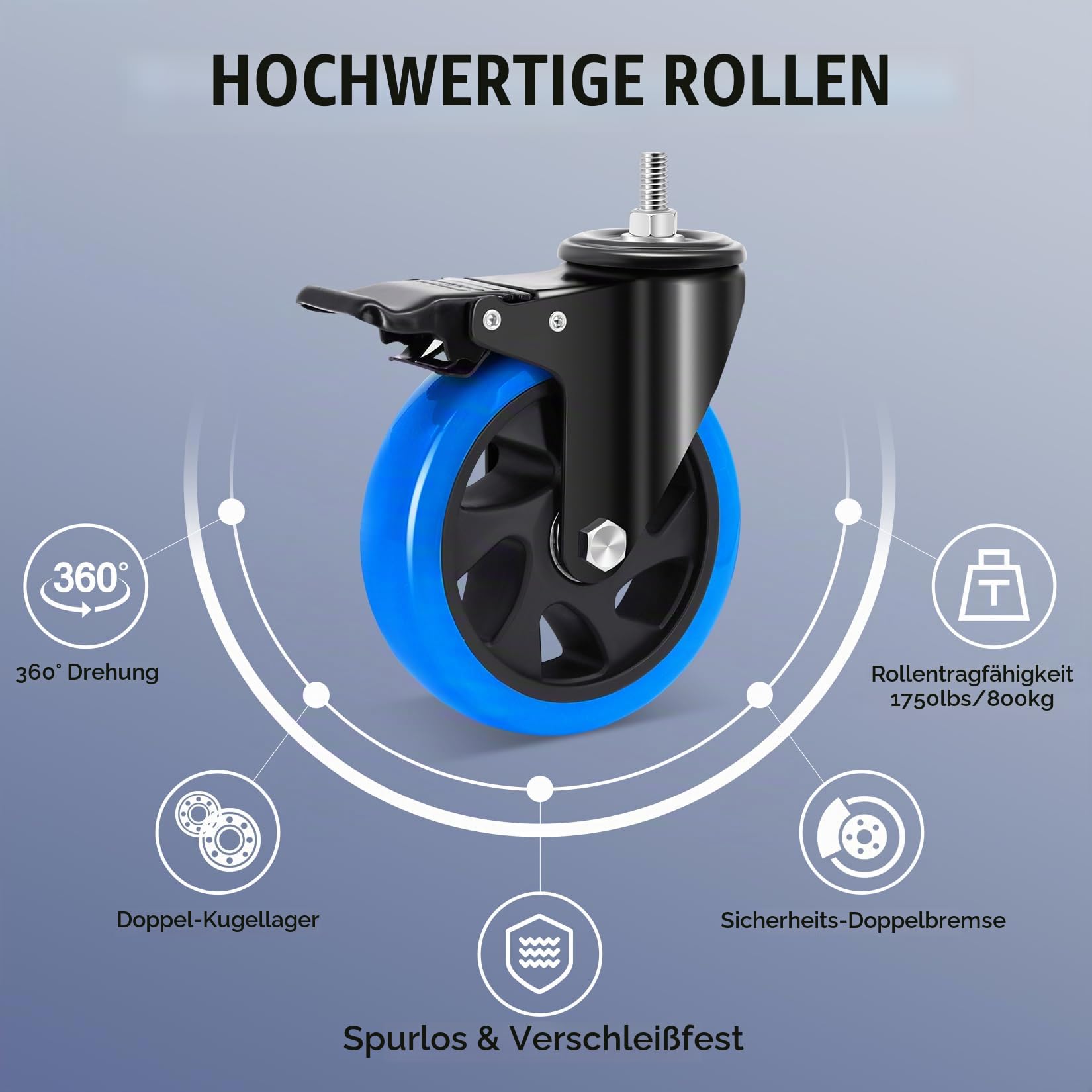 125mm Möbelrollen mit Bremse, M10 x 1,5x 30mm (Schaftdurchmesser 9.5mm, Schaftlänge 30mm), Rollen für Möbel Tragfähigkeit 800KG, Schwerlastrollen Lenkrollen für Möbel, Transport, Gasgrill
