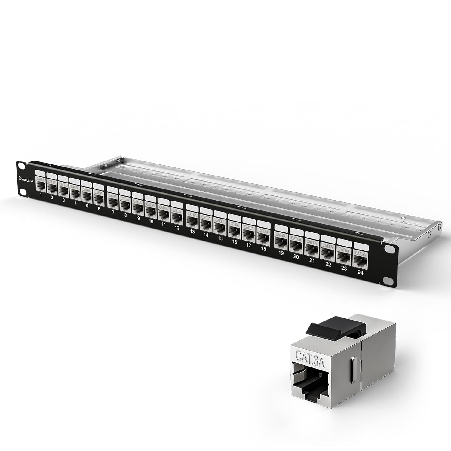 VCELINK 24 Port Shielded Cat6A Keystone Patch Panel, 1U 19-Inch All Metal Ethernet Patch Panel with Inline Keystone and Cable Management Bar, 1.5mm SPCC Network Distribution Frame with Grounding Wire