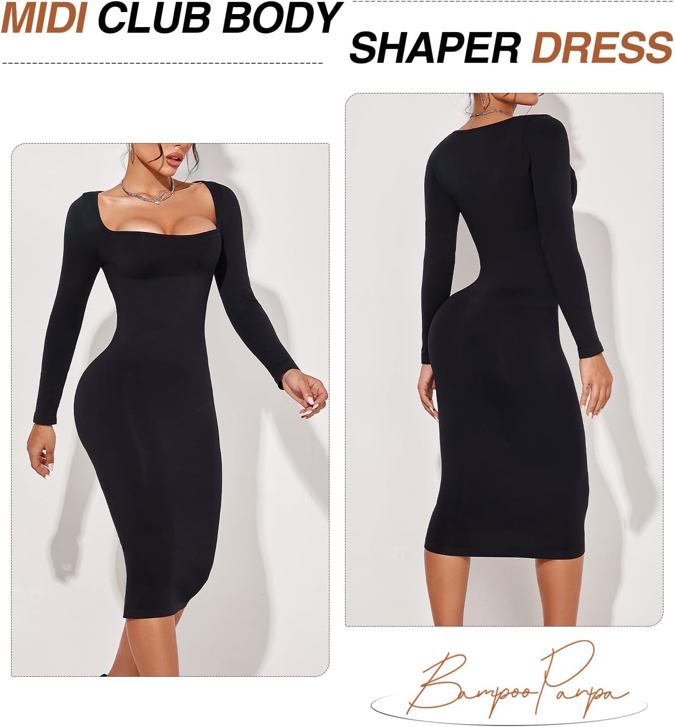 Long Sleeve Shapewear Dress for Women Casual Basic Pencil Dresses Sexy Bodycon Midi Club Body Shaper Dress - Image 6