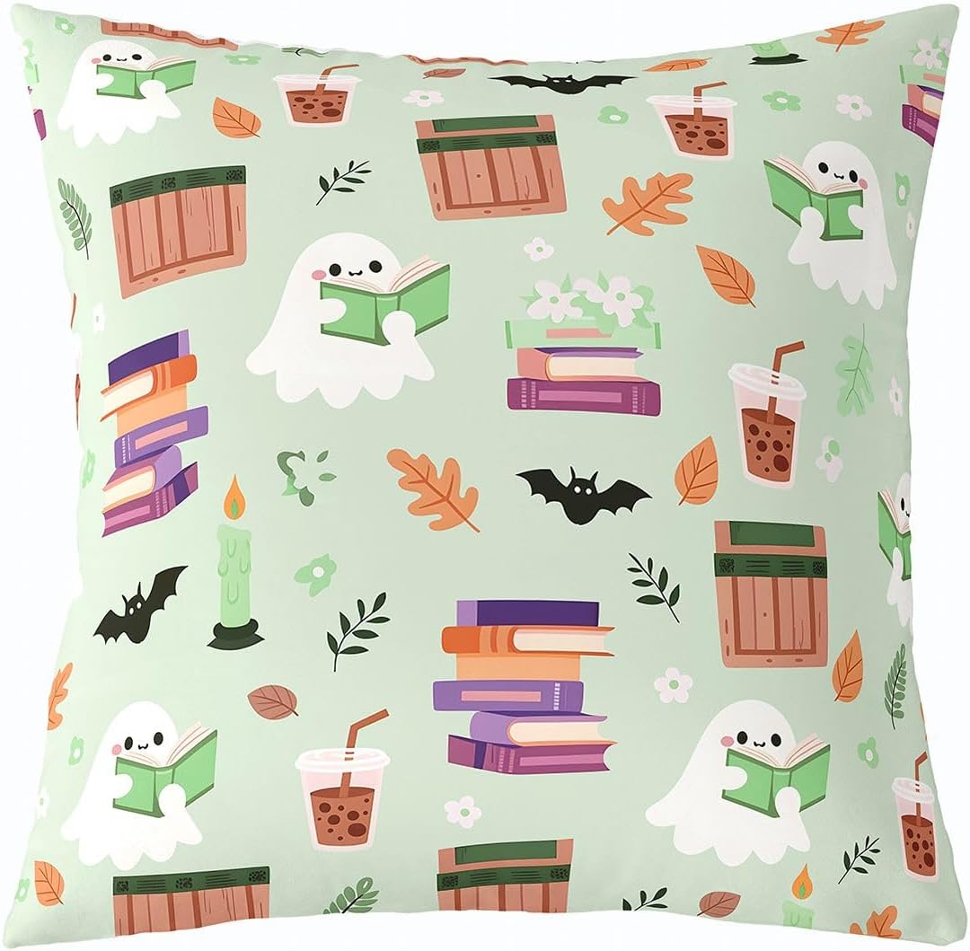 Homewish Cute Reading Ghost Throw Pillow Covers (Pack of 1),Halloween Candle Bat Cushion Cover for Kids Girls Teens Bubble Tea and Books Pillow Cases Light Green Living Room Sofa Bed Decor,16" Lx16 W
