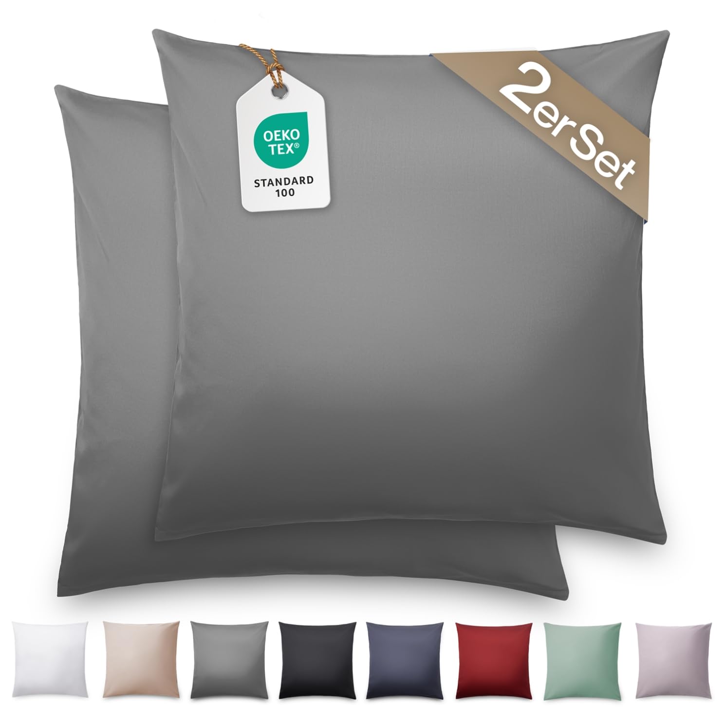 Blumtal Mako Satin Kissenbezug 50x50 Baumwolle Anthrazit - 2er Set Kissenbezüge aus 100% Baumwolle - edle Glanzoptik & Reißverschluss - Satin Kissenbezug für Kissen 50x50 Dekokissen & Sofakissen