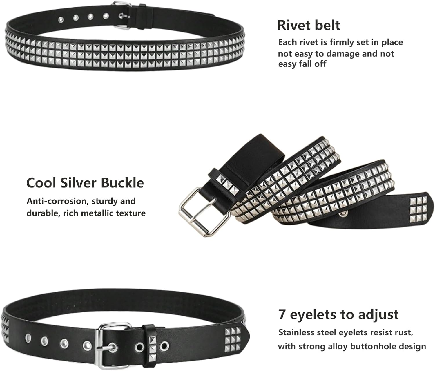 Black Studded Belt, Star Belt Goth Y2K Double Grommet Belts Emo Gothic Rivet Punk Rock Accessories for Women Men - Image 3