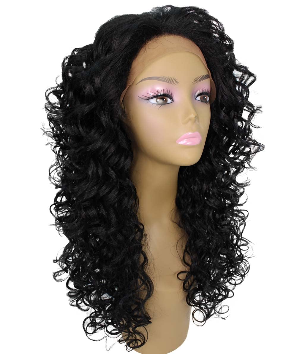 LUXLUXE Mariah Curly 16 Inch Long 7x4 Hand-Tied Lace Front Wig, Heat Resistant Fiber, 20+ Shades of Natural, Dip Dyed, & Blended Colors (#1 - Black)