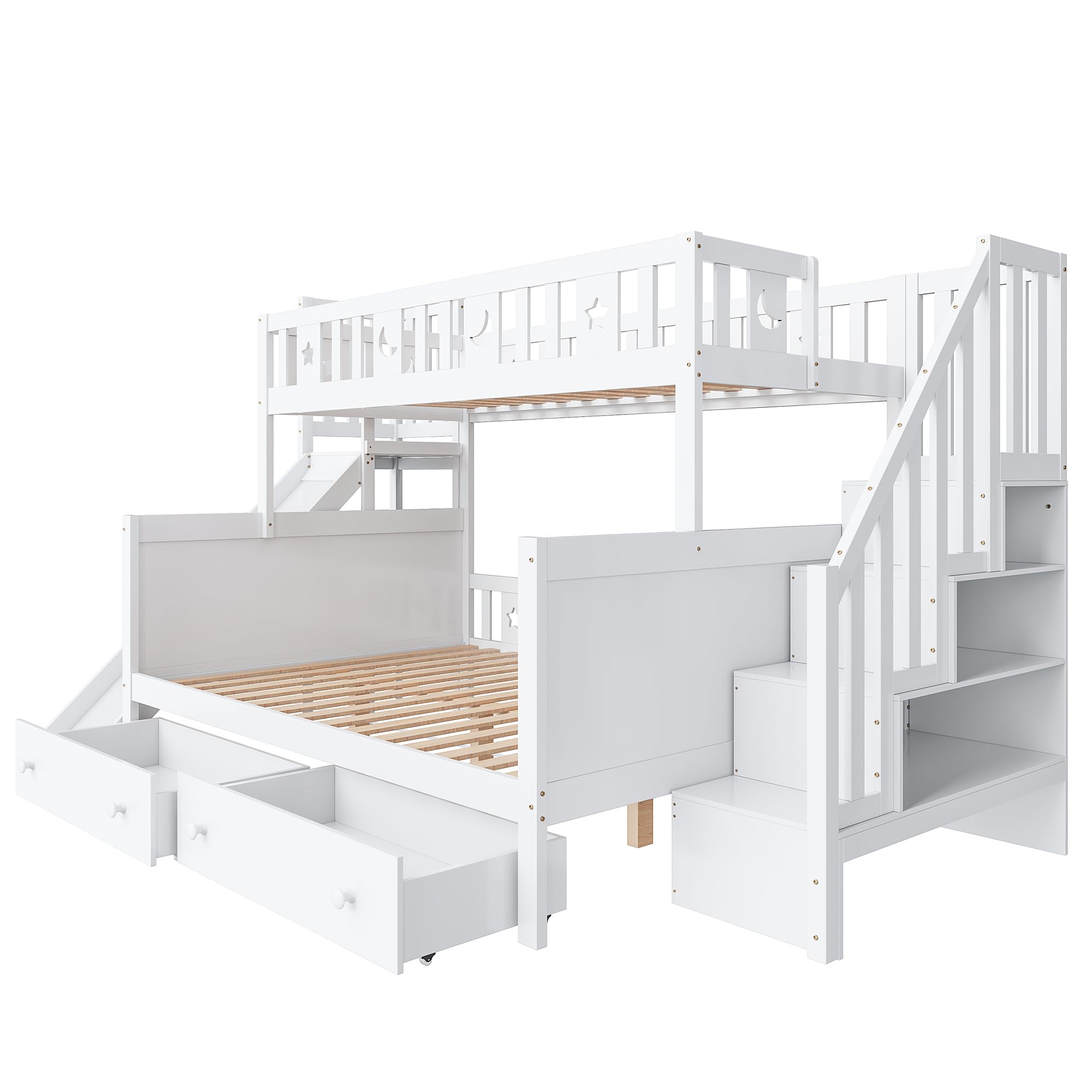 YESGIGA 90x200/140x200 cm, Massivholz-Etagenbett mit Rutsche und Regal mit Sicherheitsstufen, Zwei großen Schubladen und Lattenrost (mit Zwei großen Schubladen B)