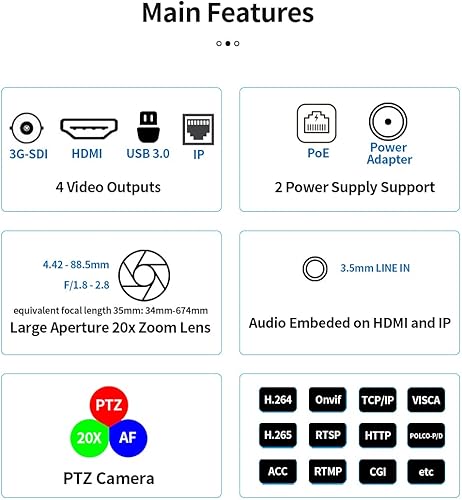 Miniatura 5 de SMTAV Cámara PTZ con 3G-SDI, salidas de transmisión HDMI e IP, zoom óptico 20X, cámara de transmisión en vivo para conferencias, eventos, iglesia y