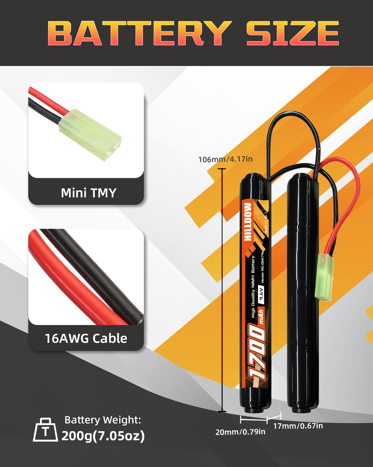 HILLDOW Batería NiMH 9.6V para Airsoft 1700mAh Batería Recargable con Miniconector TMY Batería RC para Pistolas de Airsoft(2 Paquetes)