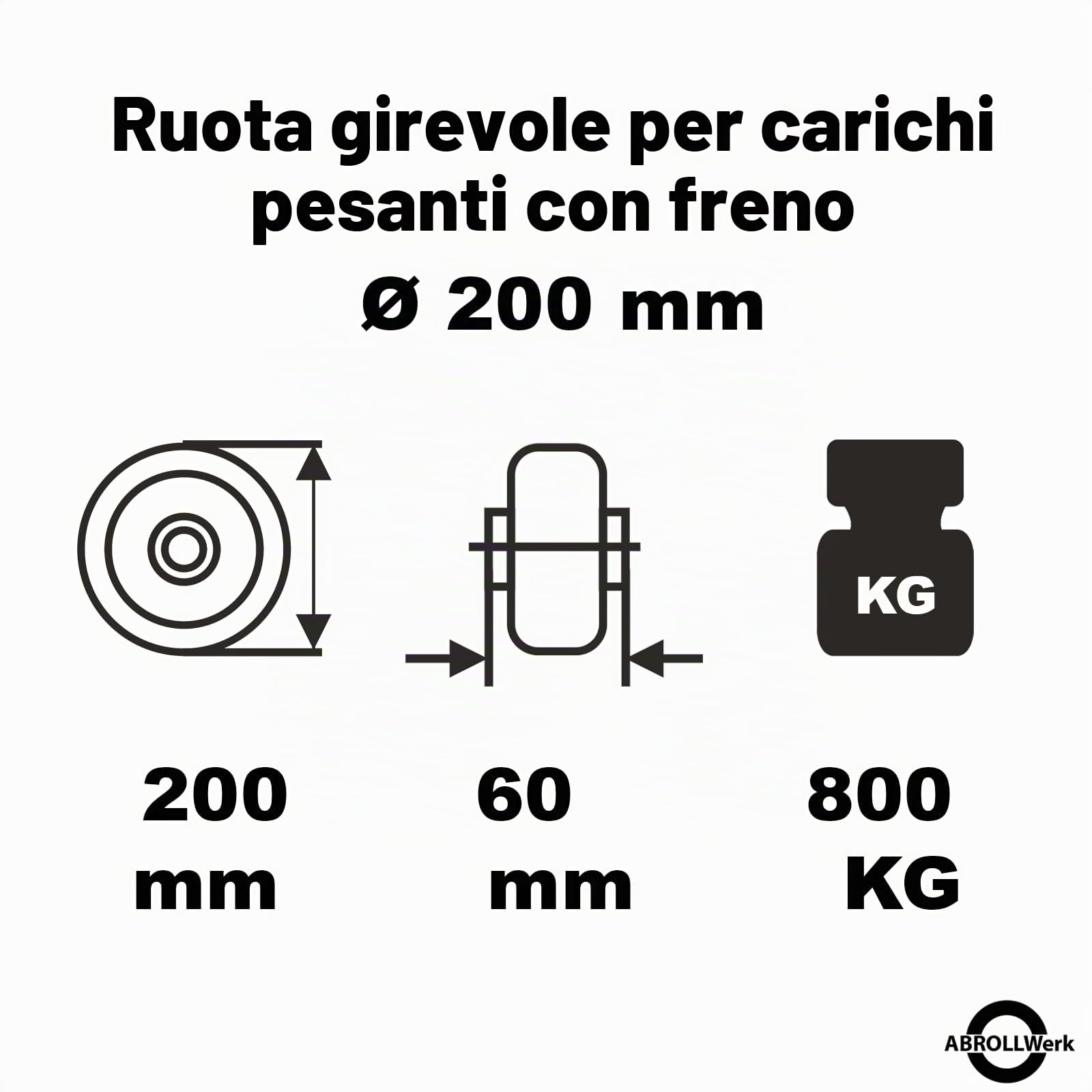 Abrollwerk Set di 4 ruote di carico pesanti 200 mm – 1800 kg – 2 ruote girevoli con freno & 2 ruote girevoli – battistrada in PU & corpo ruota in alluminio – ruote industriali con doppio cuscinetto a