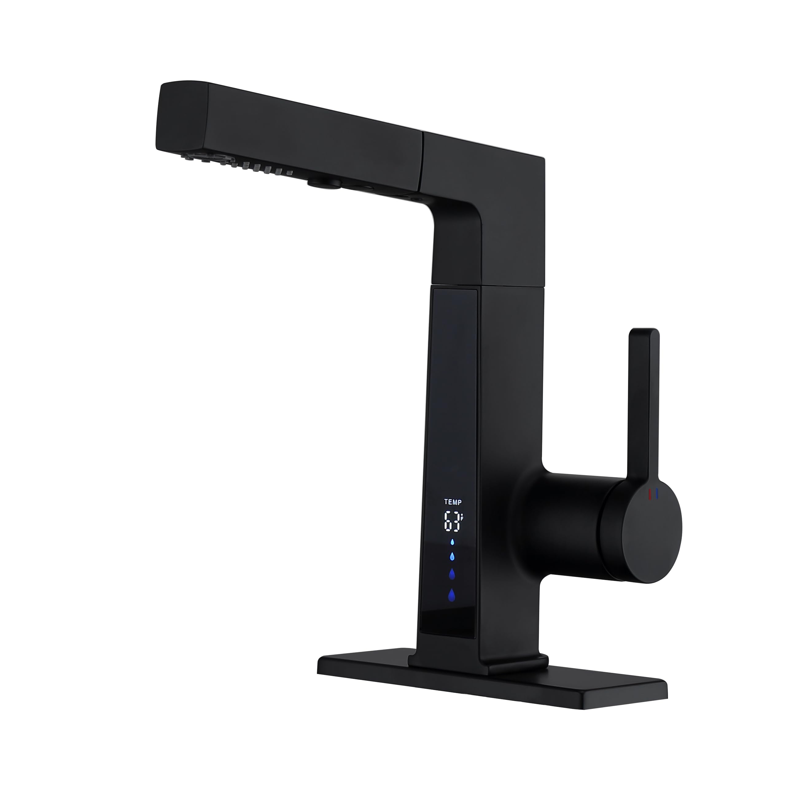 LED Bathroom Faucet with Pull Down Sprayer, Matte Black Bathroom Sink Faucet with Temperature Digital Display,2 Spray Modes RV Faucet with Deck Plate, Bath Vanity Faucets for 1 or 3 Hole