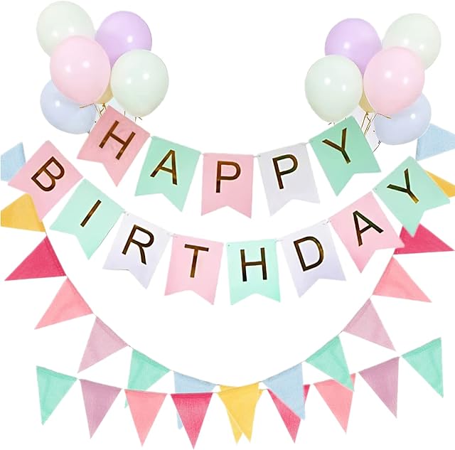 Happy Birthday Banner & Birthday Bunting,26 ft Nylon Pennant Banners with 12 Macaron Latex Balloons Perfect for Indoor and outdoor Birthday Parties (muticolor)