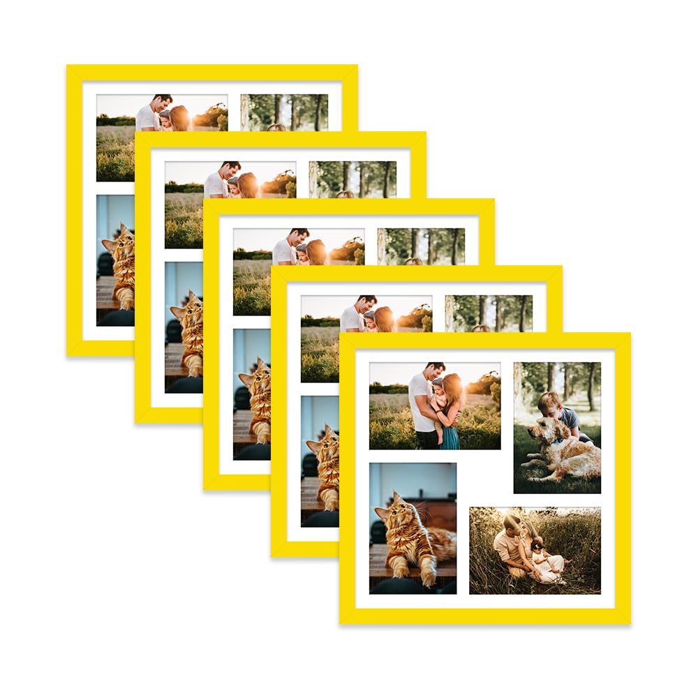 Yellow Multi Photo Frame - Holds 4 x 6x4 Pictures, Family Collage Picture Frame for Wall Display, 12x12 Frame size, Set of 5