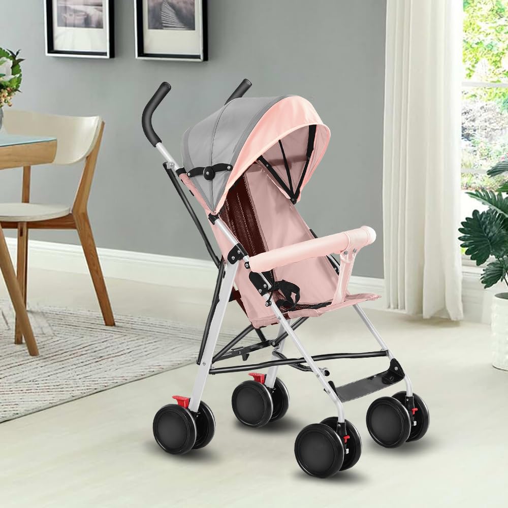 Passeggino per bambini, pieghevole, passeggino da viaggio con batuffoli di cotone e zanzariere (rosa-C)