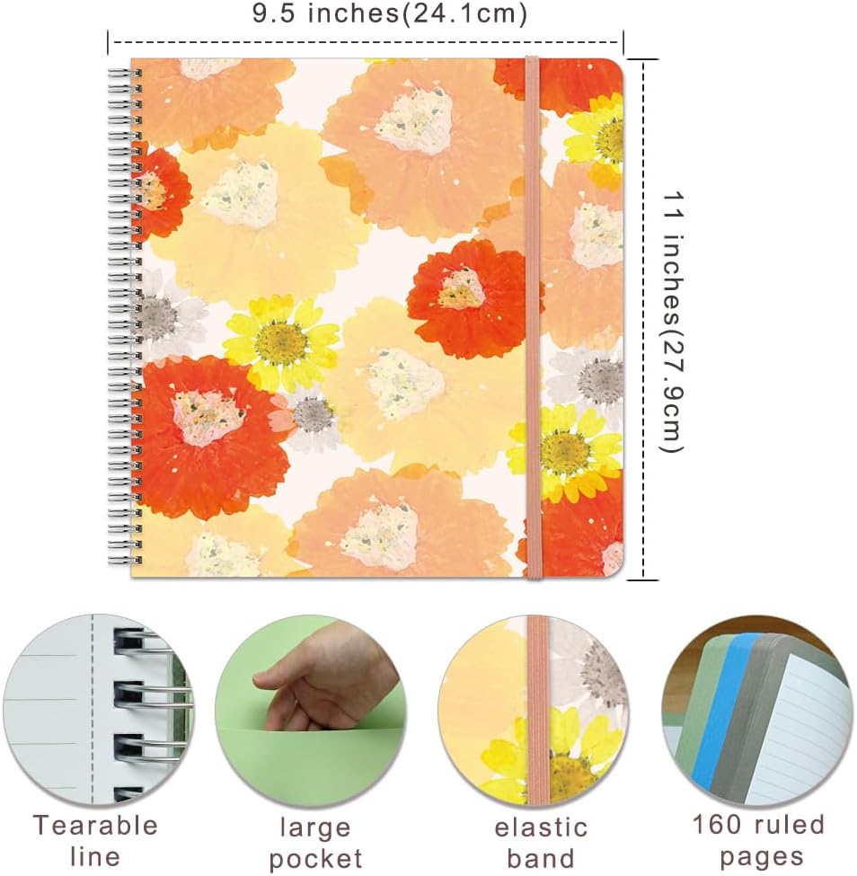 Large Spiral Notebook College Ruled 11" x 9.5" with Two Pockets, Elastic Band, Durable Hardcover, 3-color Paper and 160 Lined Pages (Orange Floral) - Image 3