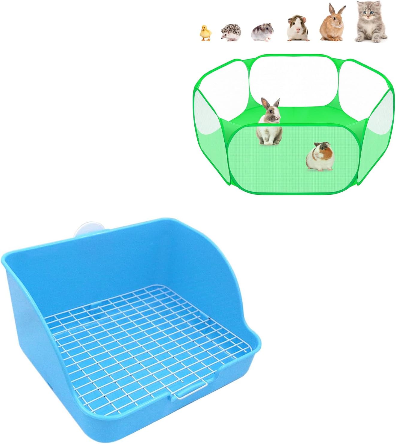 Small Animals C&C Cage Tent, Breathable & Transparent Pet Playpen Pop Open Outdoor/Indoor Exercise Fence & Pet Small Rat Toilet, Square Potty Trainer Corner Litter Bedding Box Pet Pan