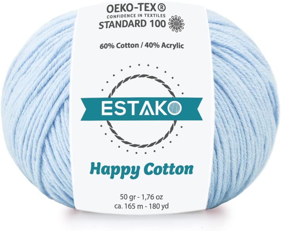 Estako Happy Cotton, 60% Cotton 40% Acrylic Yarn, Soft, Fine/Sport (2) for Crochet and Knitting 1.76 Oz (50g) / 180 Yrds (165m) (4220 - Baby Blue)
