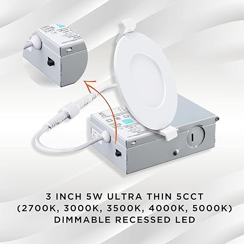 Miniatura 4 de SLEEKLIGHTING Luz de panel plano de retrofit ultrafina de 3 pulgadas, 5 W, 5CCT seleccionable, con caja de conexiones, perfil delgado, regulable,