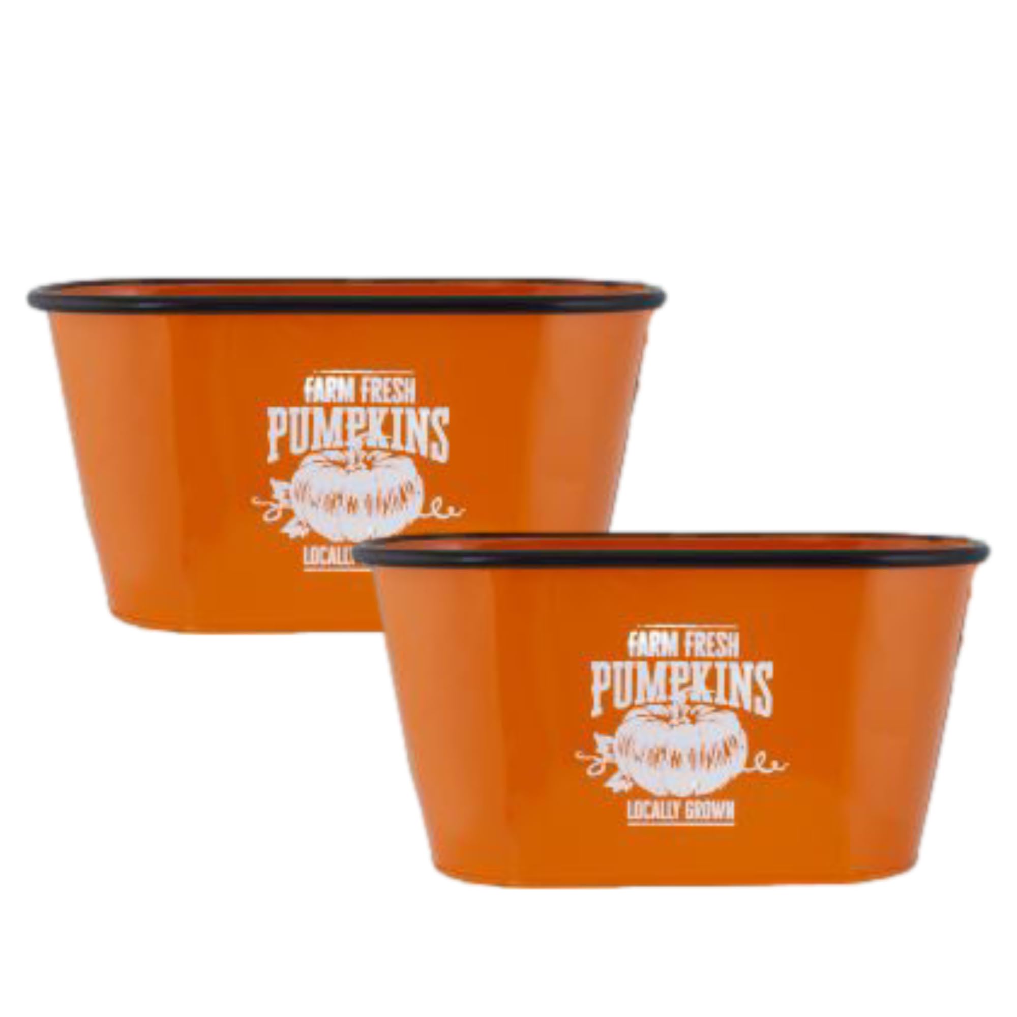 Fyne-Finds Orange & White Set Of 2 Orange Tin Halloween Troughs Planters 30Cm, 12Inch Pumpkin Plant Pots Party Decor Weatherproof