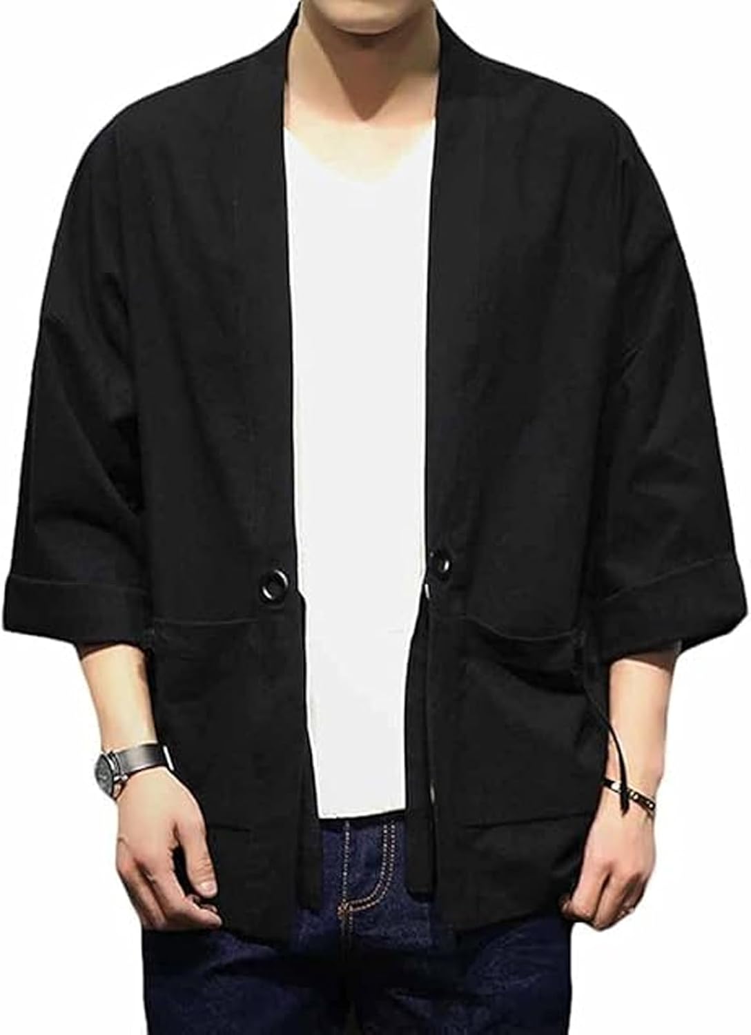 INVACHI Kimono Jacket for Men Solid Japanese Style Jacket Open Front Cardigan with Pockets