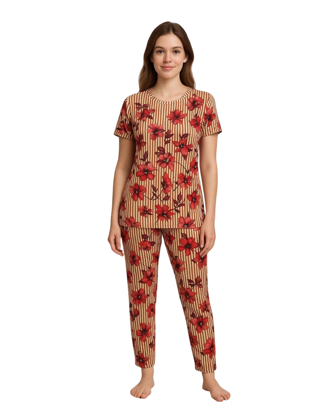 Printed Round Neck Short Sleeve Beige Top & Pyjama Set | Night Suit | Casual Night Dress for Women-image-45