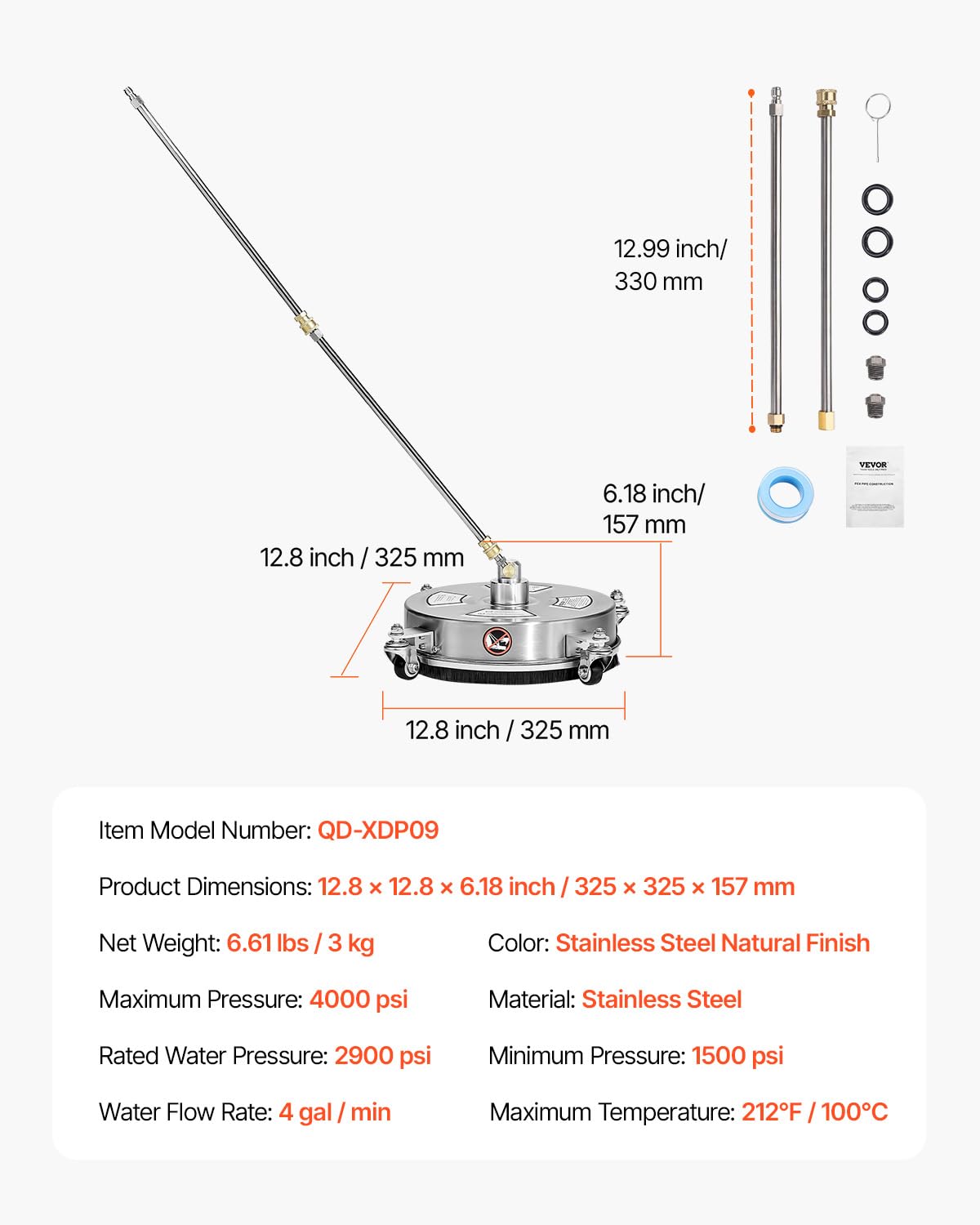 VEVOR Idropulitrice per Superfici in Acciaio Inossidabile con 4 Ruote, 275,8 Bar Max, Connettore Rapido da 1/4, 2 Ugelli a Spruzzo, 2 Lance Estese, per Cemento, Patio, Marciapiede 355,6 mm