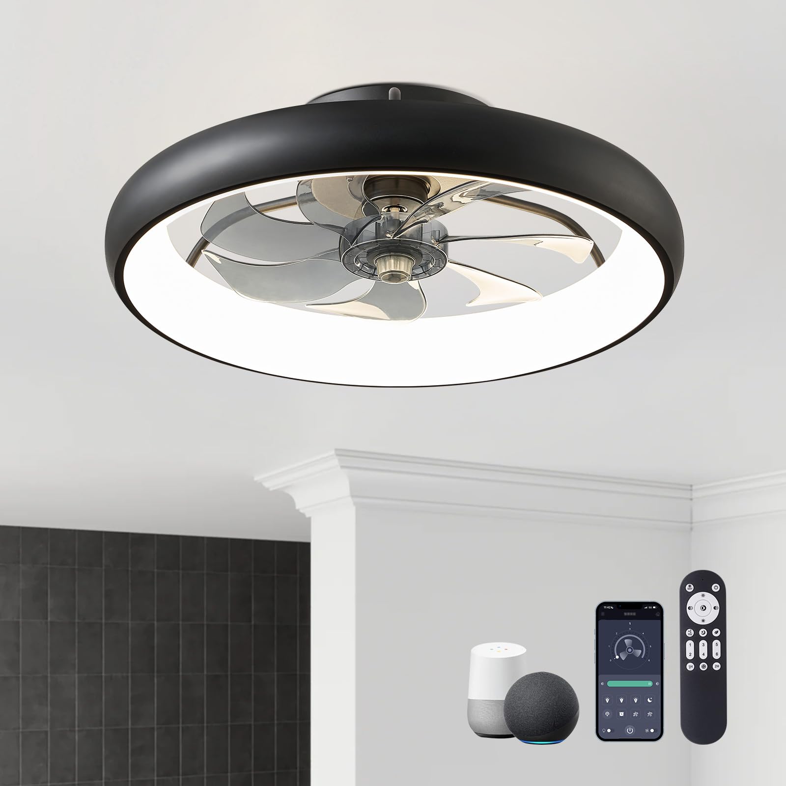Ceiling Fans with Lights and Remote, 20'' Low Profile Flush Mount, 6 Wind Speeds, Modern Dimmable LED Ceiling Fan, Smart Ceiling Fan for Bedroom, Kids Room (Black)
