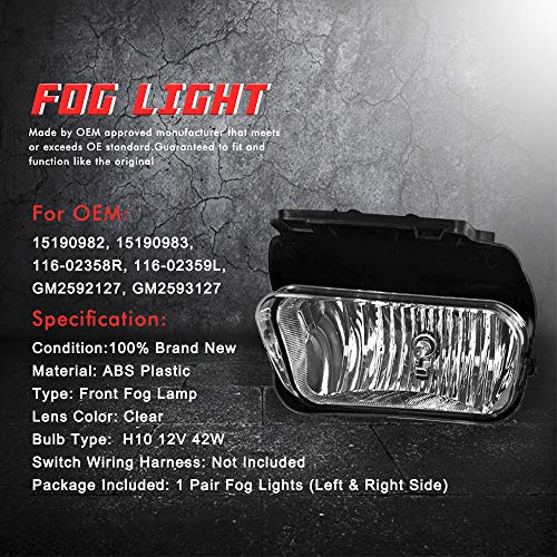 Driving Fog Lights Lamps Replacement For Chevy Silverado 2003 2004 2005 2006 2007 All Models Avalanche 2002-2006 Without Body Cladding H10 12V 42W Halogen Bulbs (Clear Lens) #TOP3