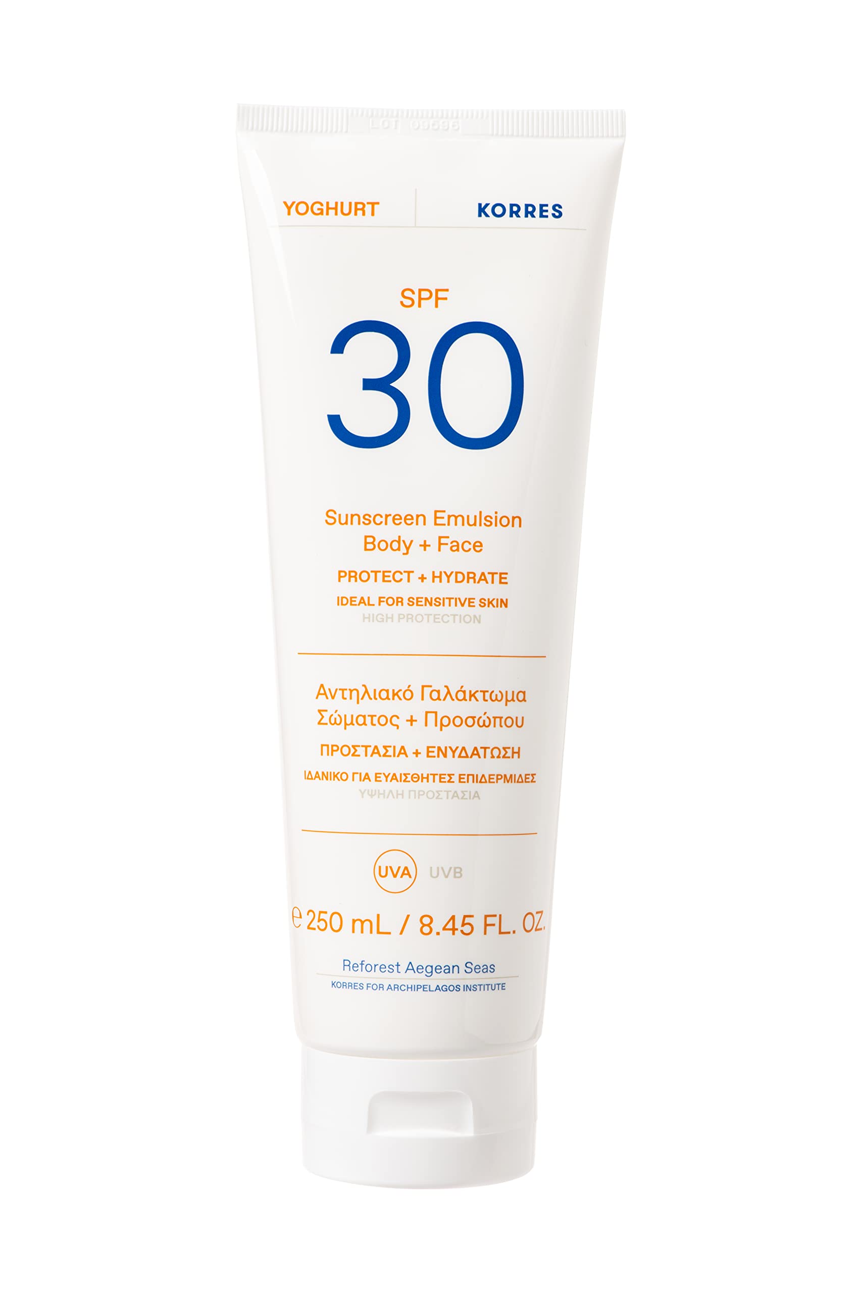 KORRES YOGHURT Sonnenschutz-Emulsion für Körper & Gesicht SPF30, feuchtigkeitsspendend & schnell einziehend, für Kinder & sensible Haut geeignet, 250 ml