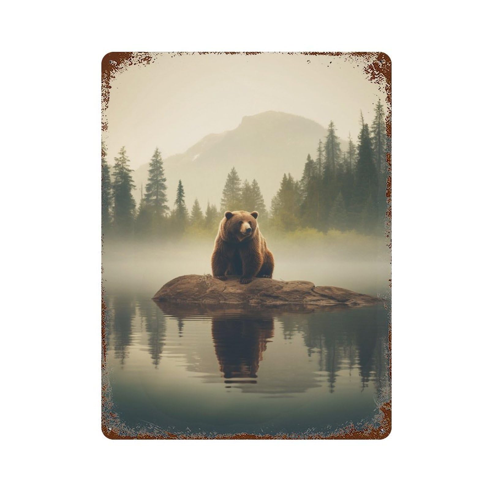Rust Effect Bear on A Lake in The Fog Weathered Tin Sign 15.7"x11.8", Farmhouse Wall Decor for Farmhouse, Kitchen And Entryway Decor