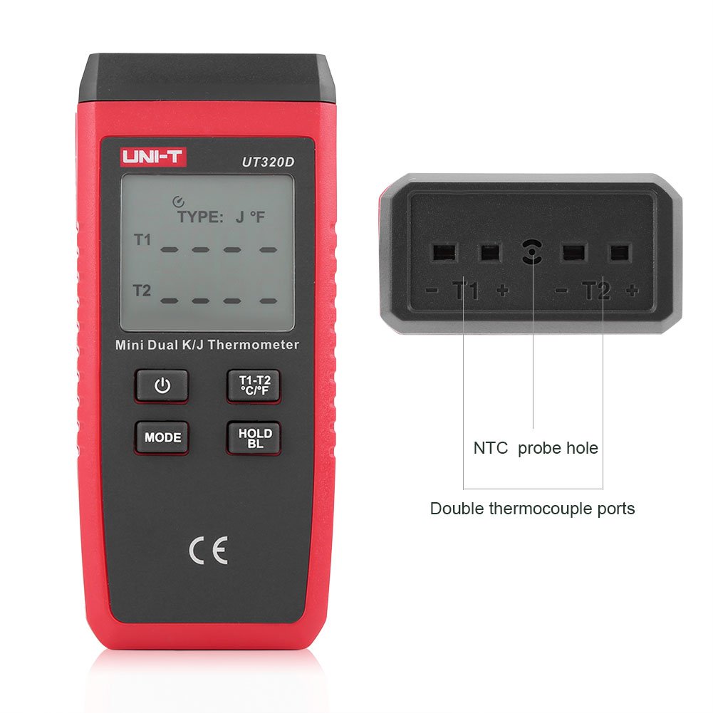 Fdit Termometro Digitale K/J termocoppia, UT320A UT320D -50 ℃ -1300 ℃ Termometro con Display LCD C/F Retroilluminazione(UT320D)
