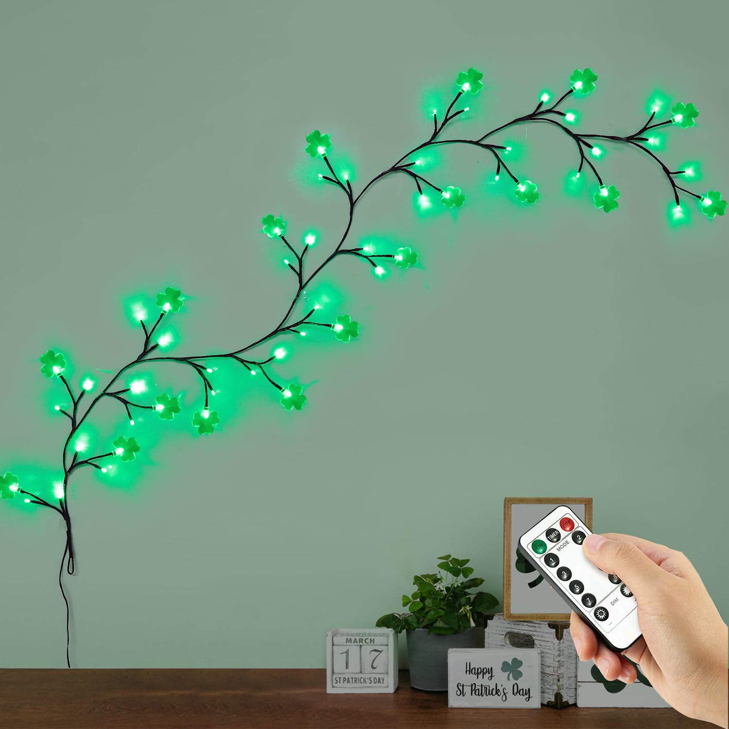 St Patrick's Day Willow Vine Lights with Remote Control, 54 LEDs 5.9ft Willow Branch Lights Indoor Home Decor, 8 Modes Green Shamrock Lighted Willow Vine, DIY Bendable Light Irish Party Decorations