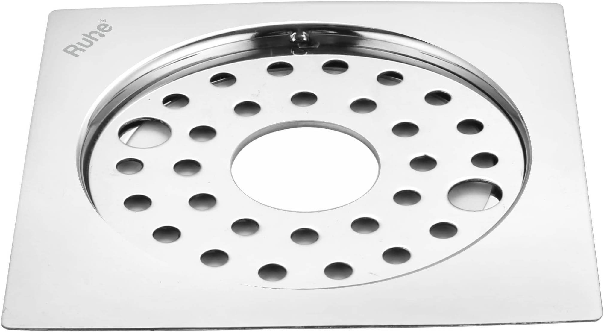 Ruhe® Square Flat Cut Floor Drain | Stainless Steel Plain Neon Square Flat Cut Floor Drain (5 x 5 inches) with Lock & Hole | (Pack of 1)