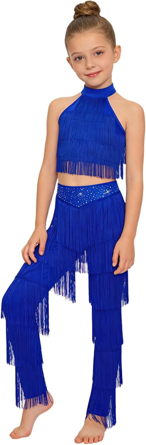 ranrann Kids Girls Fringe Latin Dance Outfit Halter Crop Top and Tassel Pants 2 Piece Set Rumba Samba Dancewear Royal Blue 16 Years