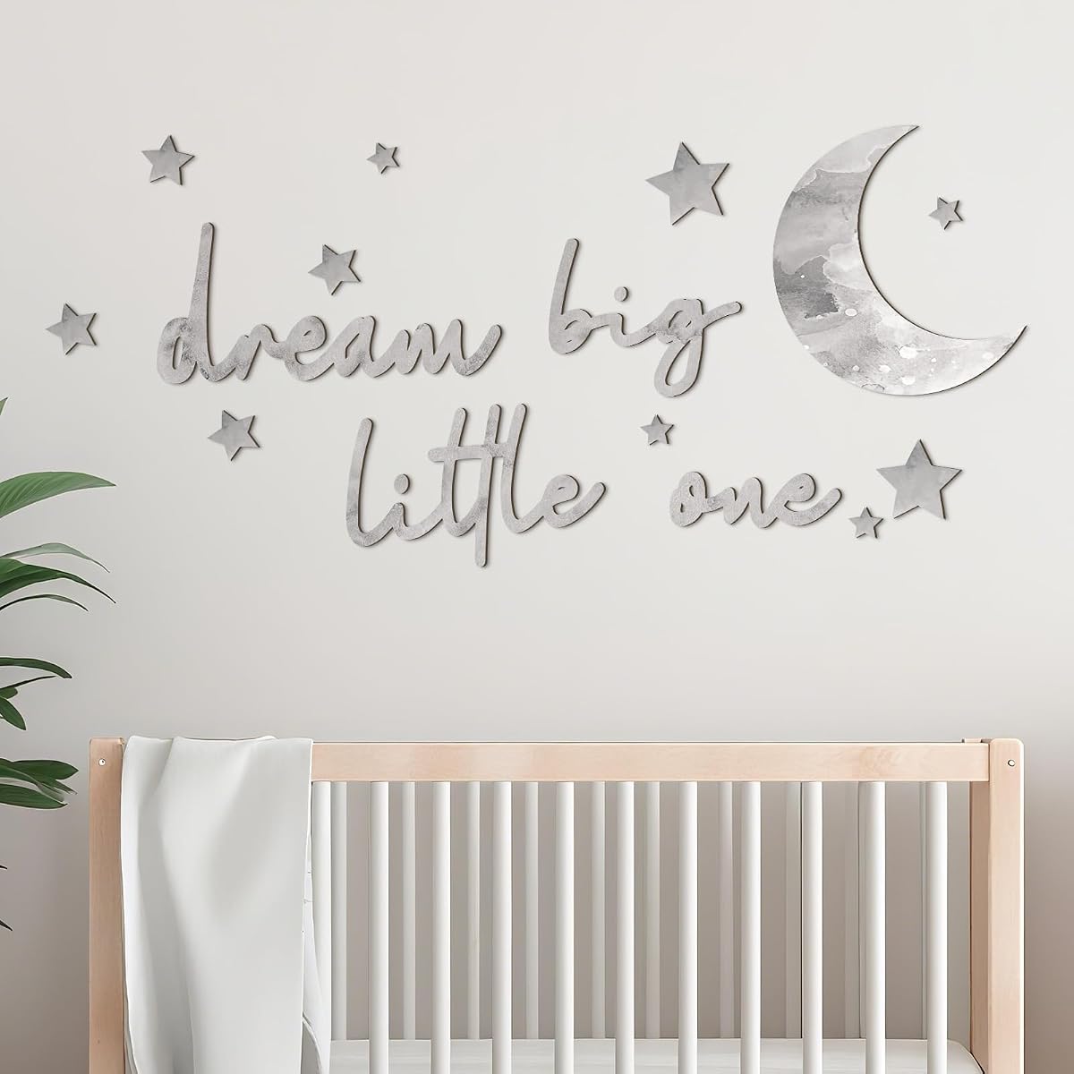 15 piezas Dream Big Little One Moon Stars decoración de guardería, gris | Arte de pared de madera para dormitorio de niños y niñas, habitación de bebé bohemia, recorte de luna con formas de estrellas, decoración de letrero con cita de Dream Big Little One