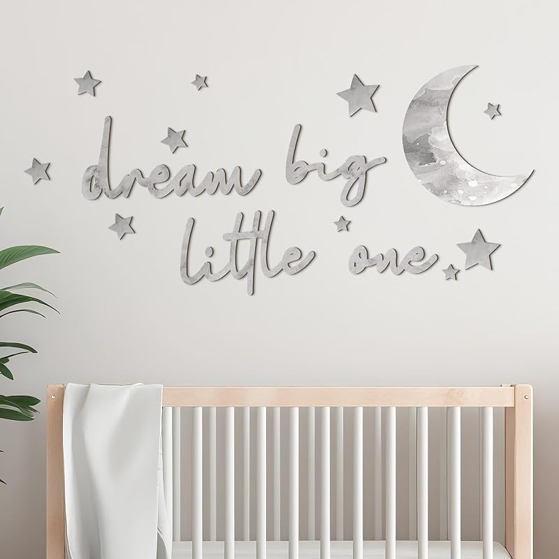 15 piezas Dream Big Little One Moon Stars decoración de guardería, gris | Arte de pared de madera para dormitorio de niños y niñas, habitación de bebé bohemia, recorte de luna con formas de estrellas, decoración de letrero con cita de Dream Big Little One